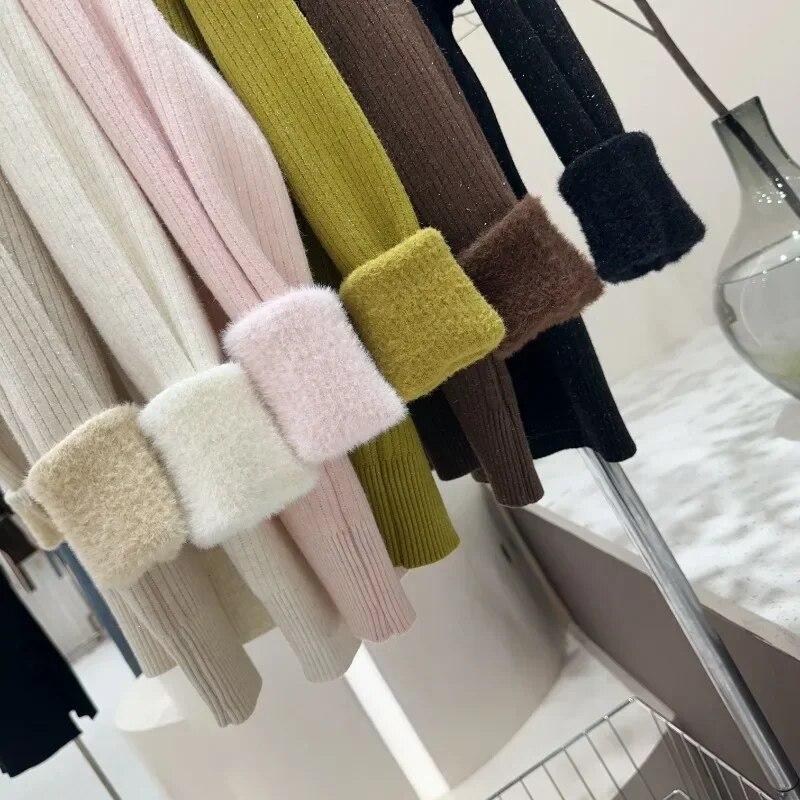 Осенне-зимние толстые плюшевые бархатные свитера, женские кружевные вязаные джемперы с полувысоким воротником, повседневные однотонные теплые пуловеры 29787