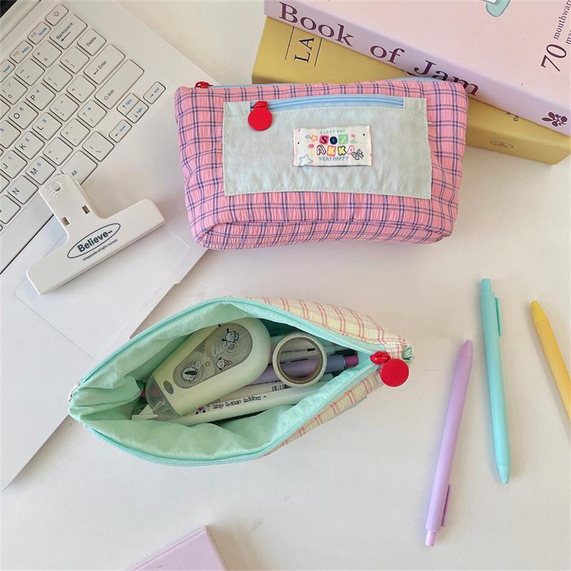 Cute Contrast Color Plaid Dopamine Large Capacity Pencil Case Storage Bag Student Stationery Supply Pouch Girl Cosmetic Bag Gift