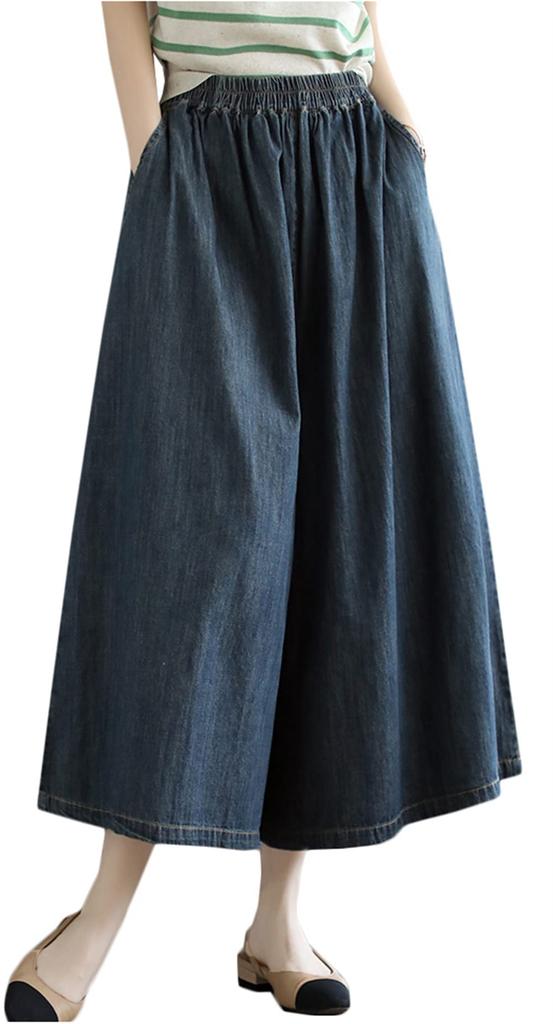 BEIBANG Denim Gaucho Pants with Elastic Cropped Casual Simple Plus Summer 24 Dark Women's Wide-Leg Waist, Pants, Bottoms, Style, Sizes, (Size Blue)