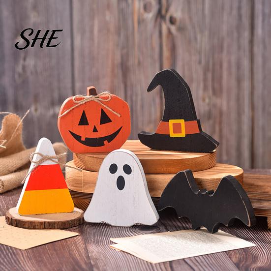 Indoor Entryway Decorations Halloween Table Sign, Wooden Pumpkin Ghost Bat Block Rustic Autumn Home Accents Tiered Tray Ornament for Tabletop