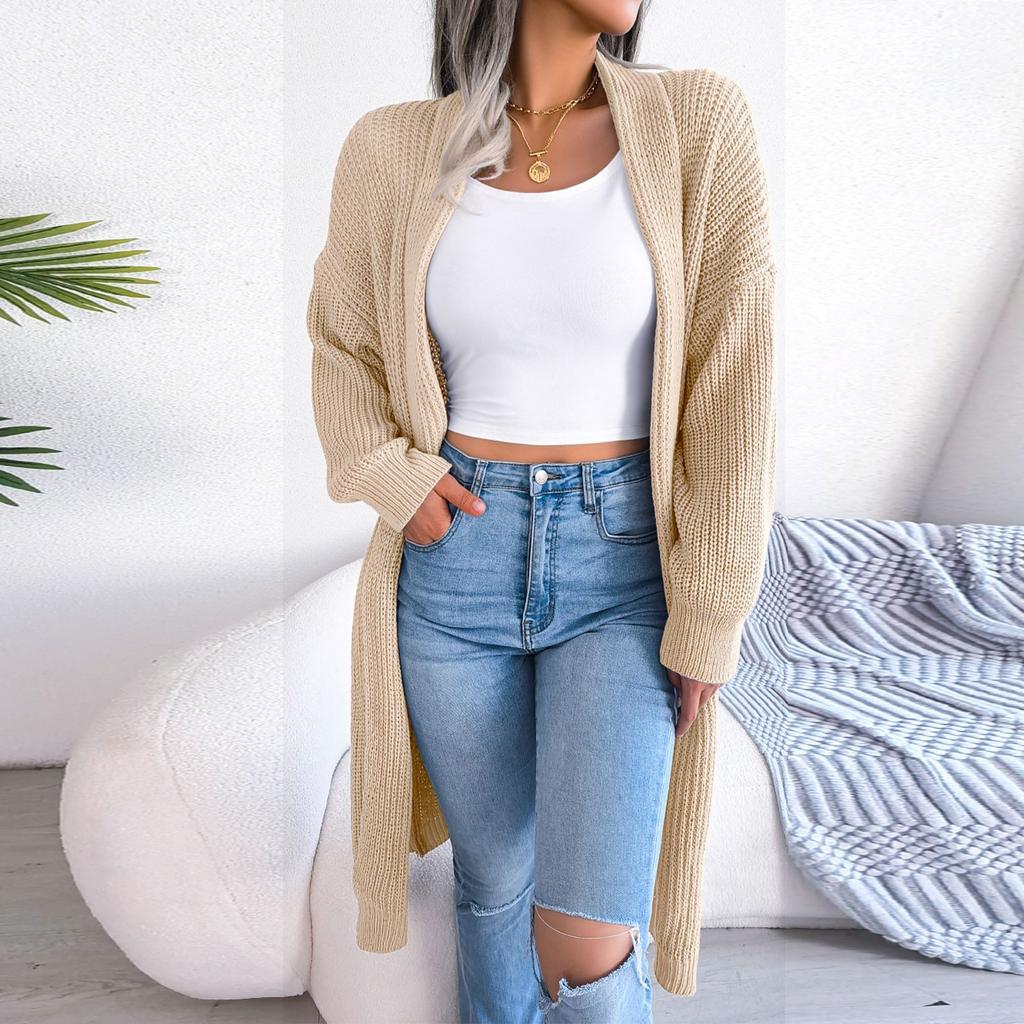 Женский длинный вязаный кардиган с открытой передней частью