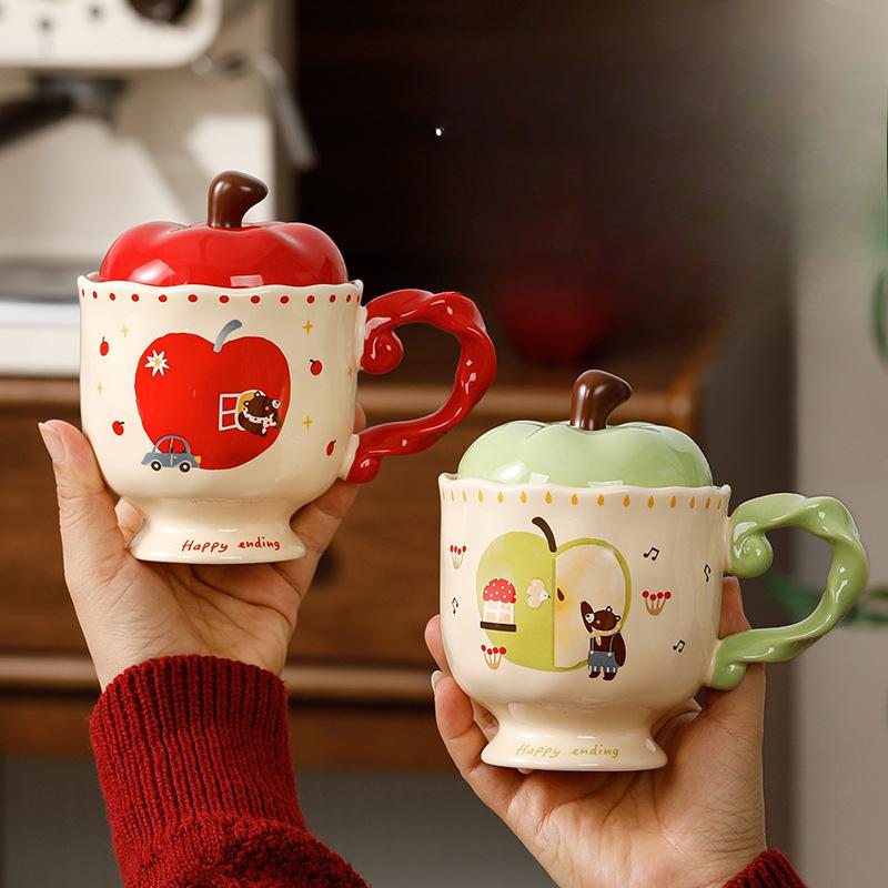 Милая кружка Apple с крышкой, керамическая чашка, сувенир, чашка для питьевой воды, офисная, высококлассная кофейная чашка, Рождество