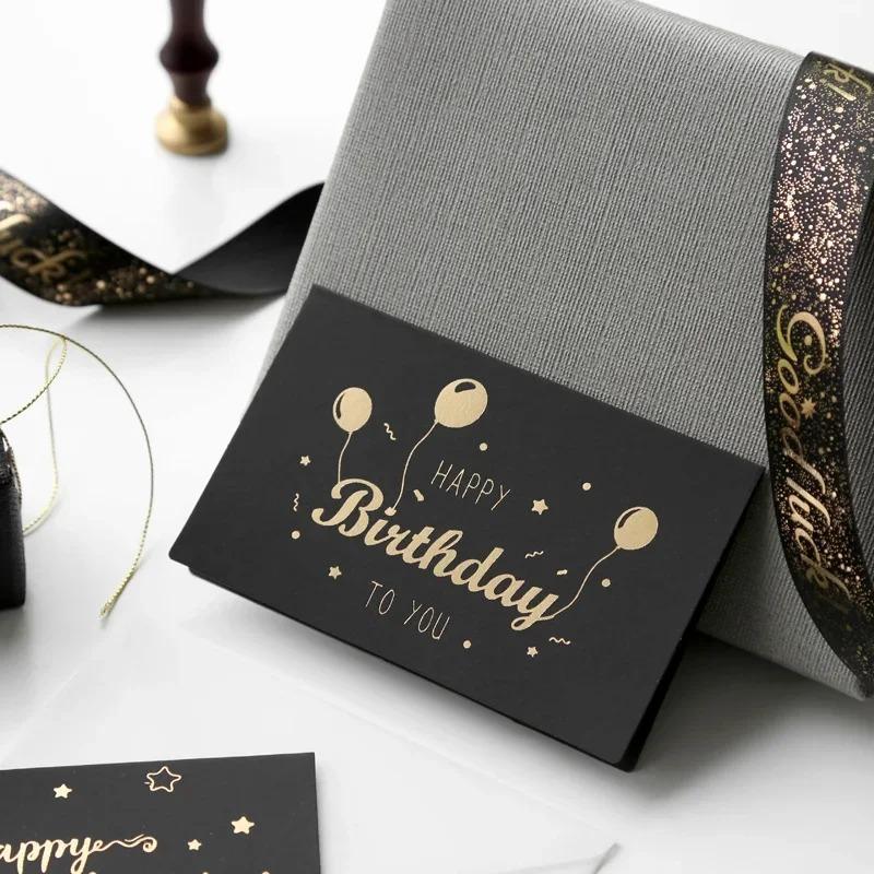 1pcs Black Birthday Greeting Card Bronzing Invitations Postcard Wishes Blessing Message Cards Small Card Blank with Envelope
