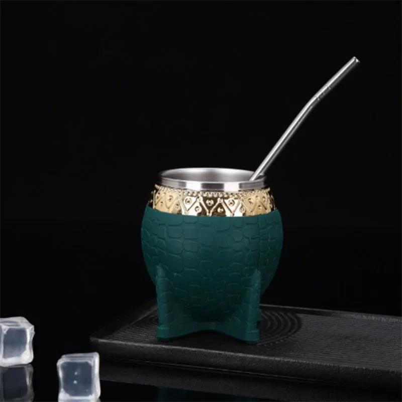 Stainless Steel Double-layer Mate Cup With Straw Texture Eggshell Cup Perfect For Yerba Mate Tea Drinking Yerba Mate Cup New