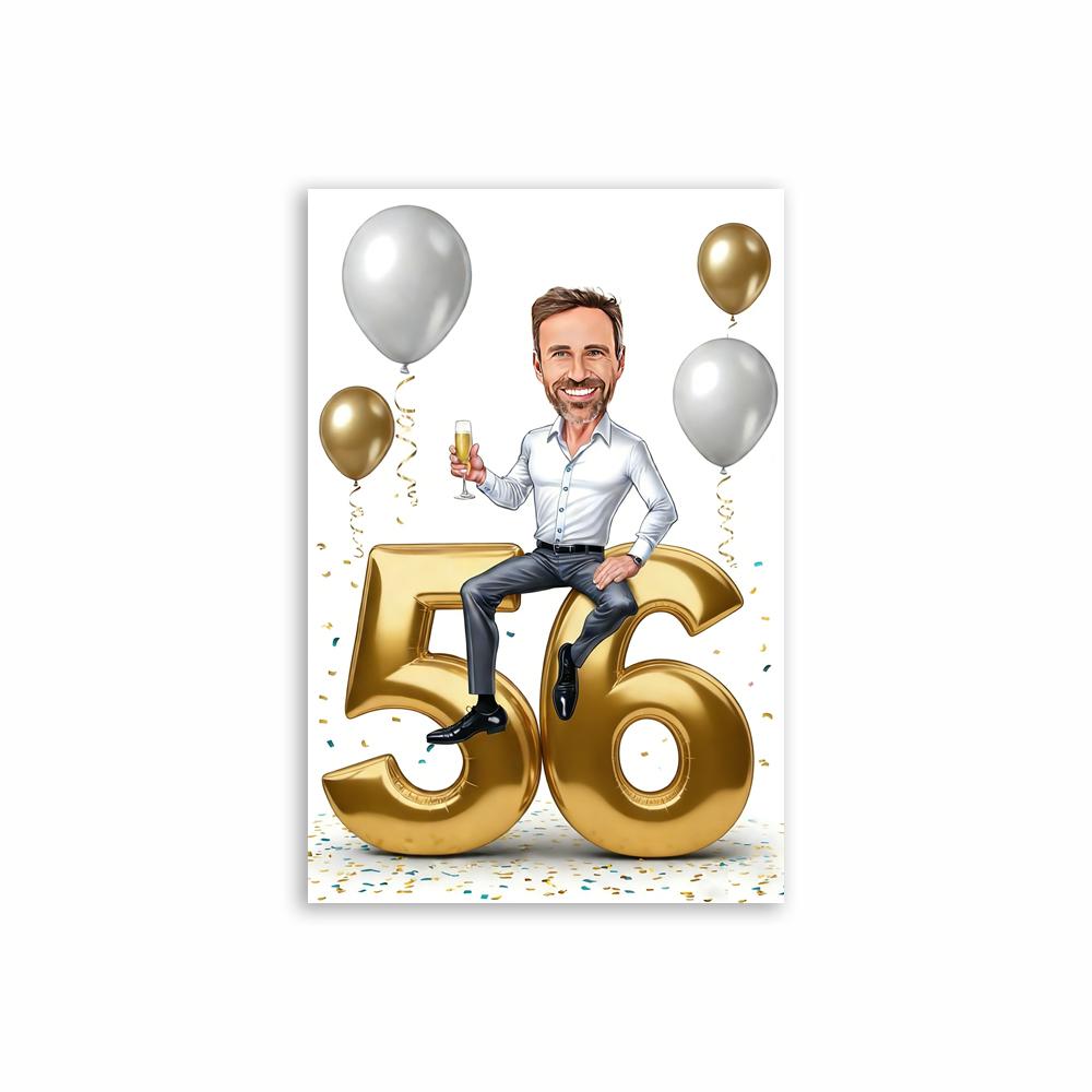 Personalized 50th Man Cartoon Portrait Poster Golden Number Caricature Prints Canvas Painting Birthday Funny Gift Wall Art Decor