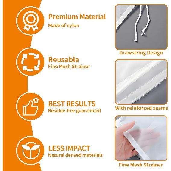 6PCS Cheese Cloth Bag for Straining, 200-Mesh 12 x 8 Inches Nylon Nut Milk Bag, Reble Food Grade Juicing Bags for Straining Fruit Juice, Yogurt, Nut