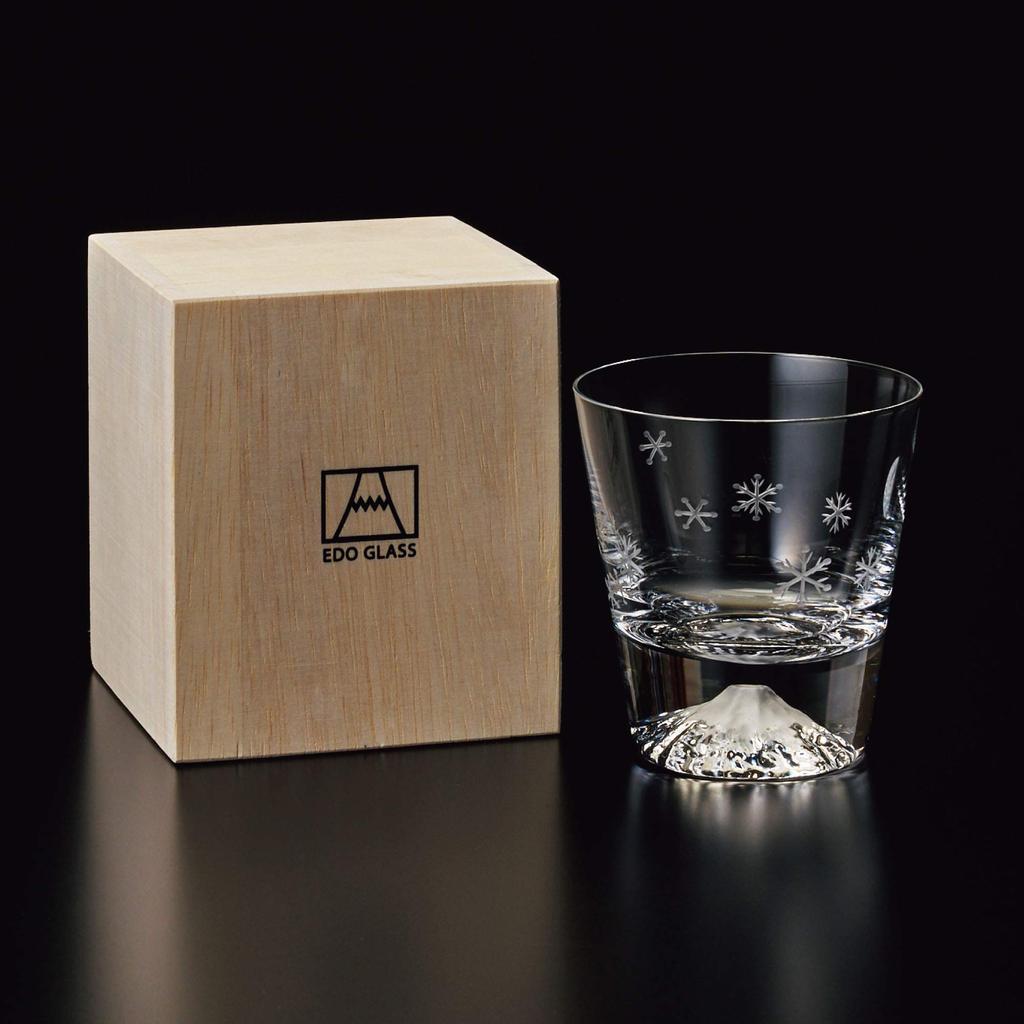 Tajima Glass Edo Glass Fuji Glass Rocks Glass In Wooden Box and Mt. (Moon Snowflake)
