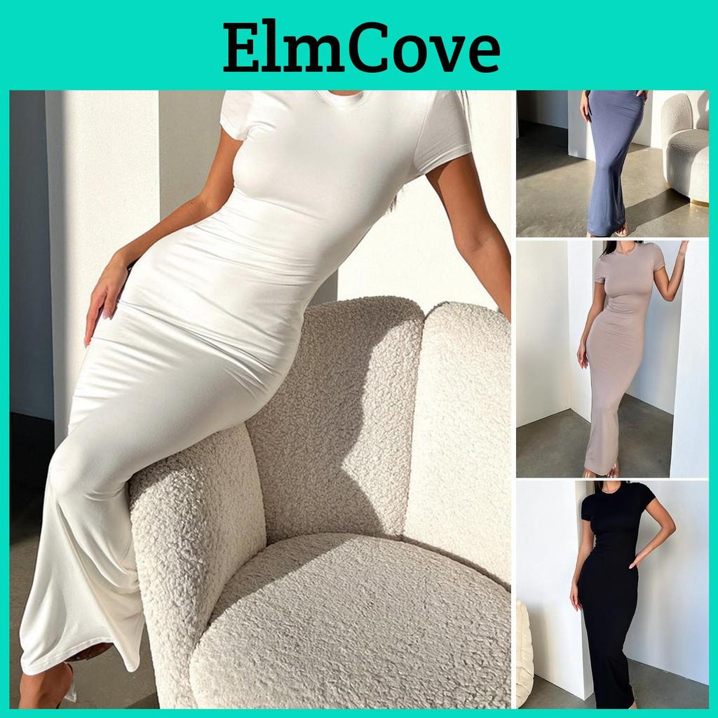 Round Womens Long Neck Skirt Short Sleeve Slim Sexy Dress