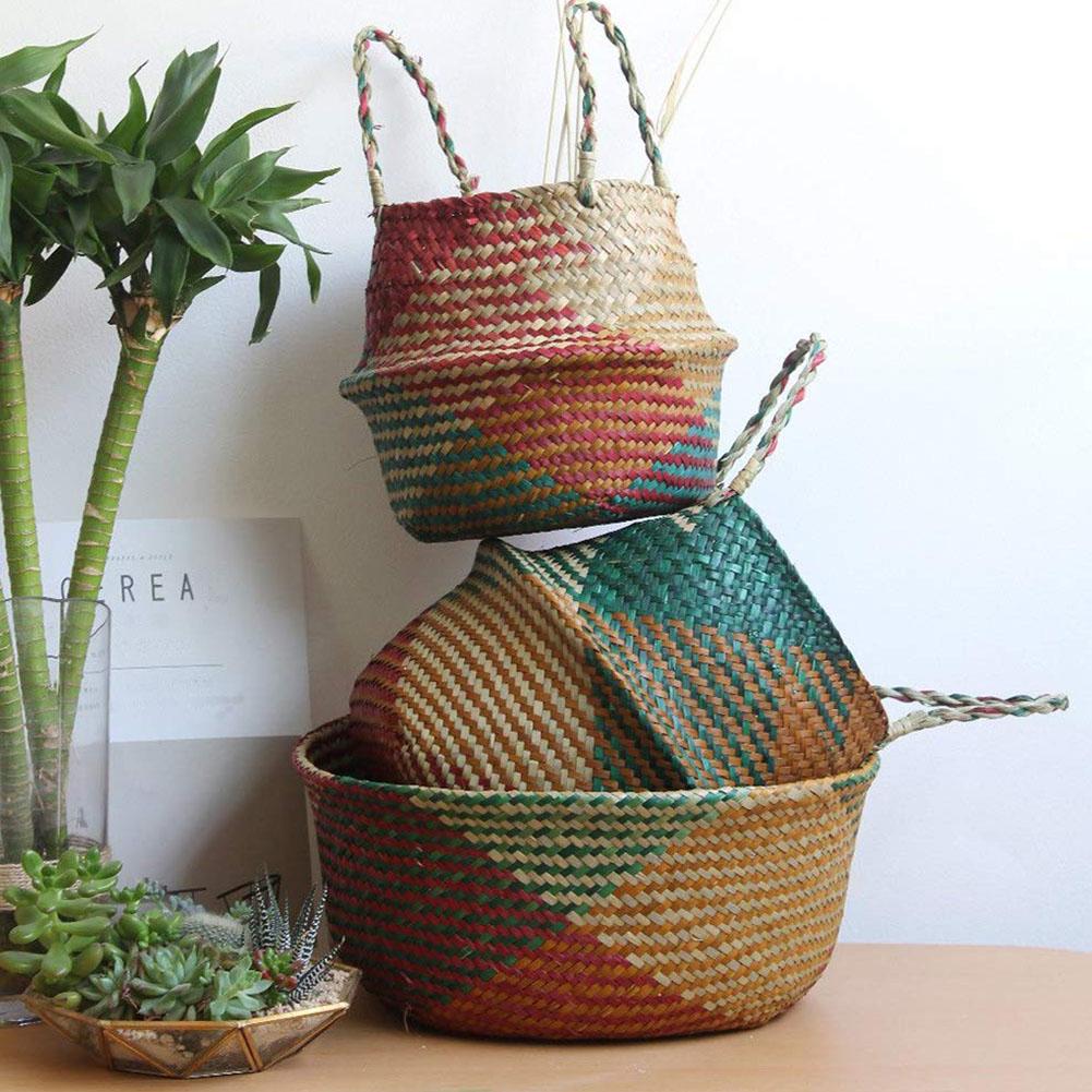 Handmade Bamboo Storage Baskets Foldable Clothes Laundry Basket Straw Wicker Rattan Seaweed Belly Flowerpot Retro Decorations