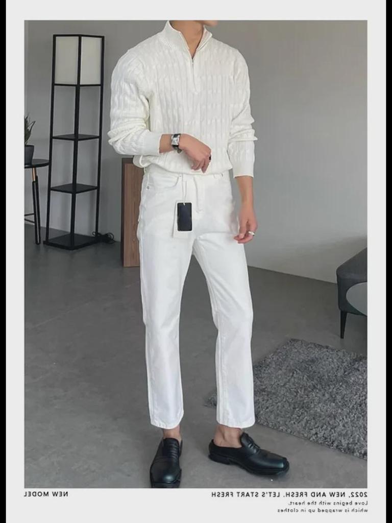 Мужской модный белый свитер-пуловер с полуводолазкой на молнии