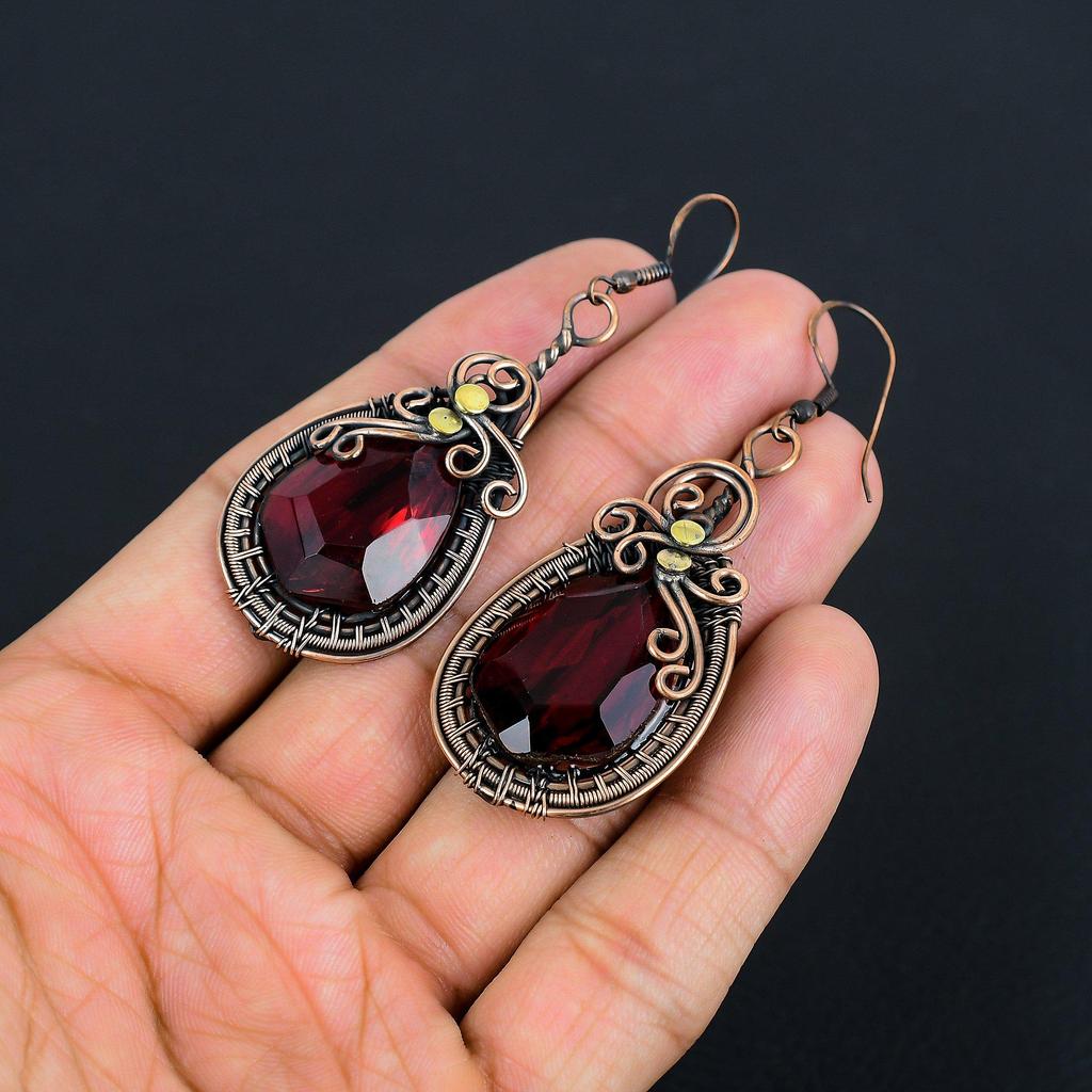Garnet Jewelry, 999 Copper Wire Wrapped Earrings, Handmade Gemstone Jewelry Earrings For Memorial Day