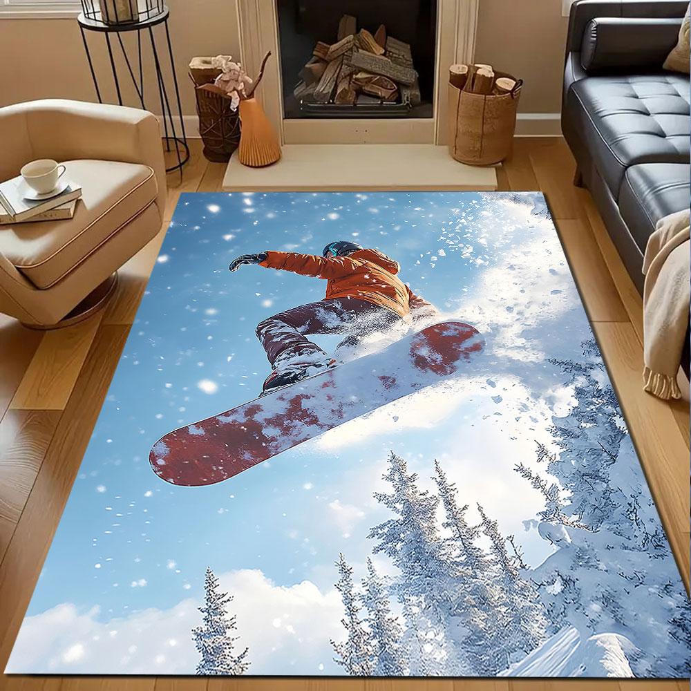 Snowboarder Jumping in Winter Mountains Patterned carpet, non slip mat suitable for living room and bedroom sofas