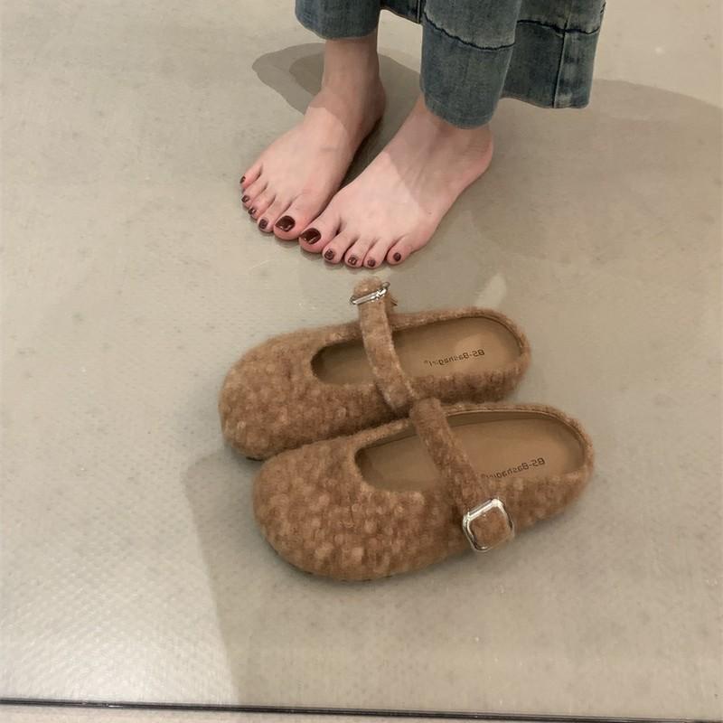 Французский Вечерний Ветер Ретро Легкий Свет Рот Баотоу с Носком из Овечьей Кожи Туфли Мюли для Девочек Ношение Тапочек Женщина