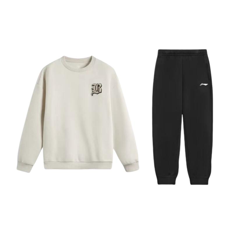Li-Ning Пуловер с круглым вырезом, с принтом букв, со спущенным плечом, с длинным рукавом, с эластичной талией, длинные брюки, повседневный спортивный костюм, костюм унисекс AWDV031-6+AKLSG35-1