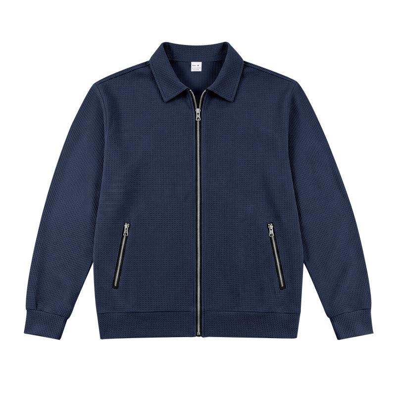 Men's Waffle Knit Full Zip Jacket Lapel Collar Long Sleeve Casual Lightweight Coat with Zipper Pockets for Spring and Fall Daily Wear