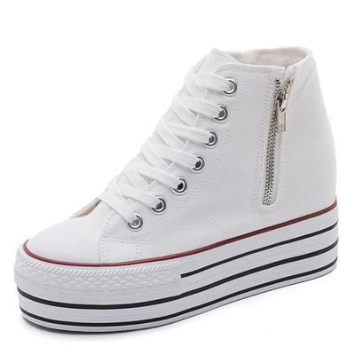 Модные женские парусиновые туфли с внутренней высотой, увеличивающие рост 2024, лето-осень, новый стиль, скейтборд, универсальные туфли на молнии с толстой подошвой