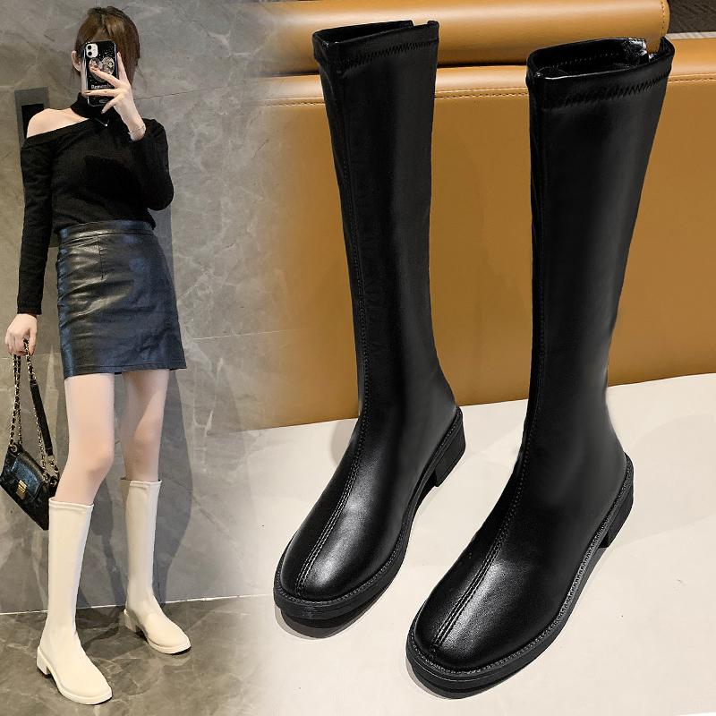 Plus Size Women's Boots Elastic Stretchy Long Tube Boots Korean Sle Flat Heel Round Toe PU Leather Youth Size 4-43