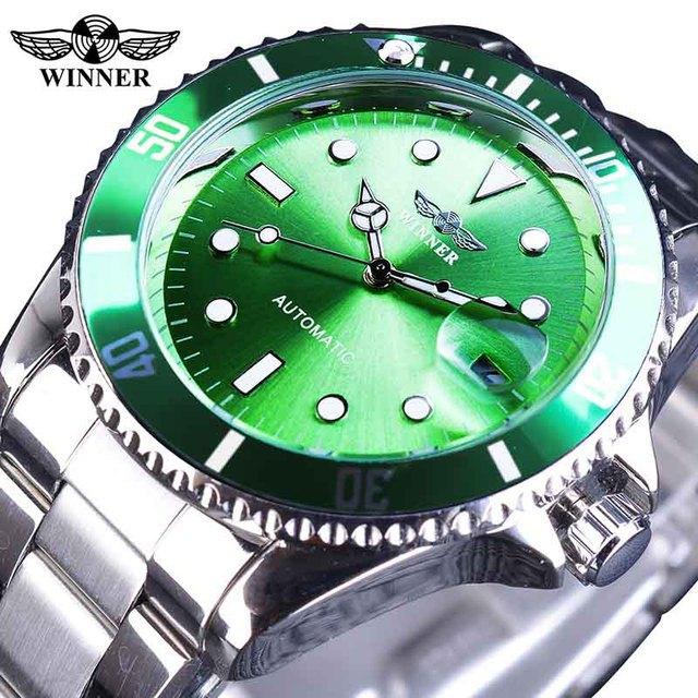 WINNER Top Men's Watch Automatic Mechanical Ribbon Calendar Water Ghost Series Watch Silver Stainless Steel Waterproof Luminous
