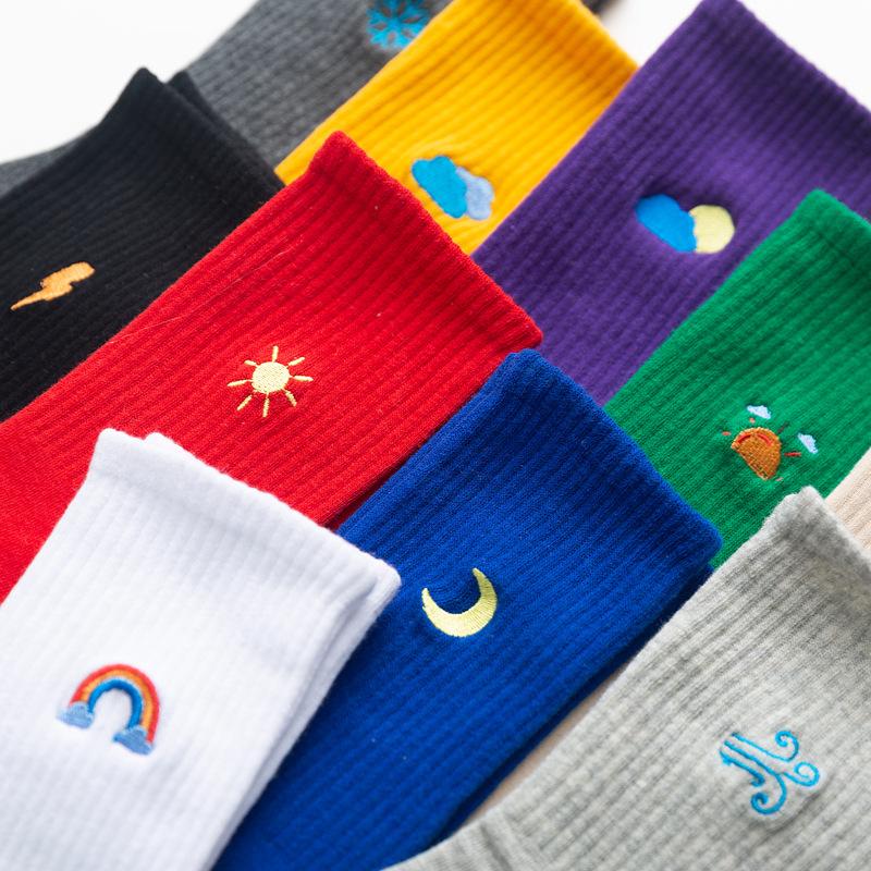 Popular Embroidery Cute Sun Cloud Moon Pattern Candy Color Socks Custom Women Girls Slouch Socks