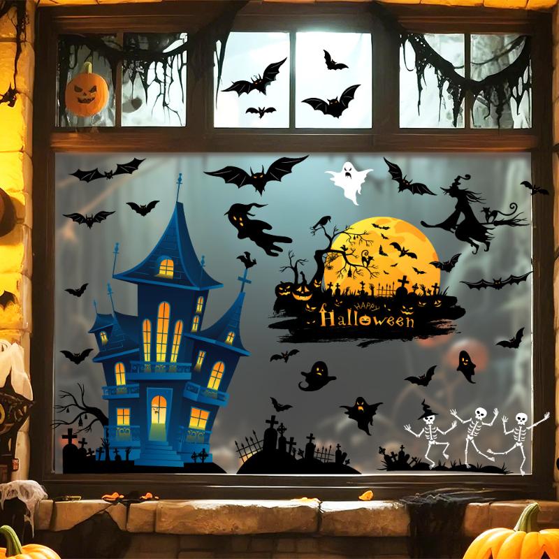 Halloween Window Sticker Pumpkin Bat Castle Pattern Wall Stickers Halloween Decals