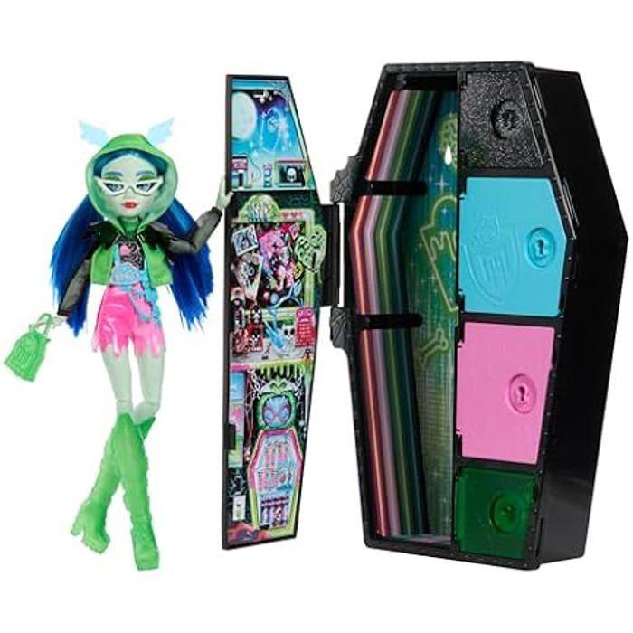 Monster high coffret monstrueux secrets série frayeurs néon avec poupée articulée ghoulia yelps, casier, plus de 19 surprises, plus