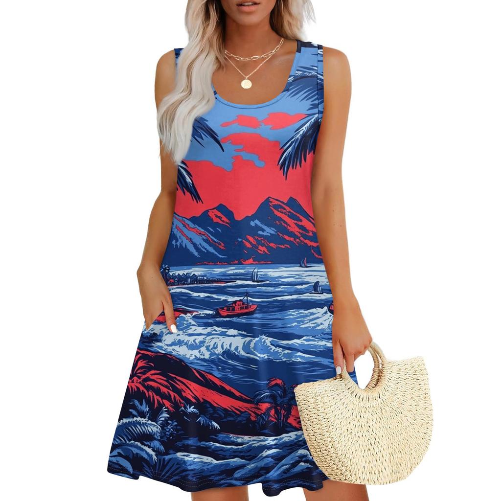 Women's Casual Fashion U-neck Sleeveless Print Dress