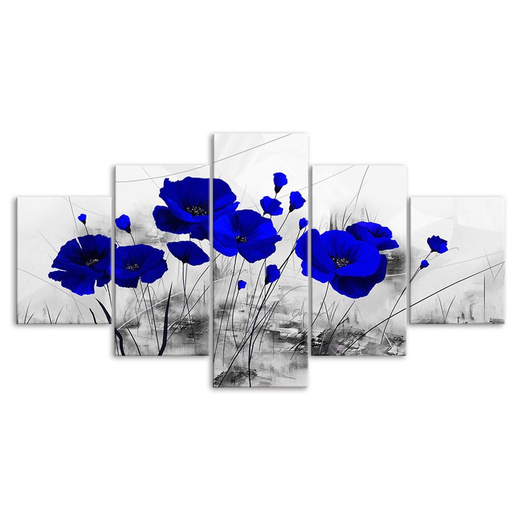 Blue Poppy Flower Plant Abstract Scene 5 Piece Five Panel Wall Canvas Print Modern Art Poster Picture Home Decor Gift For Him For Her
