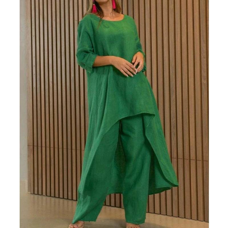Cotton Linen Casual Woman Set With Irregular Long Sleeve Hoodie And Wide Leg Pants For Spring Fashion Comfort