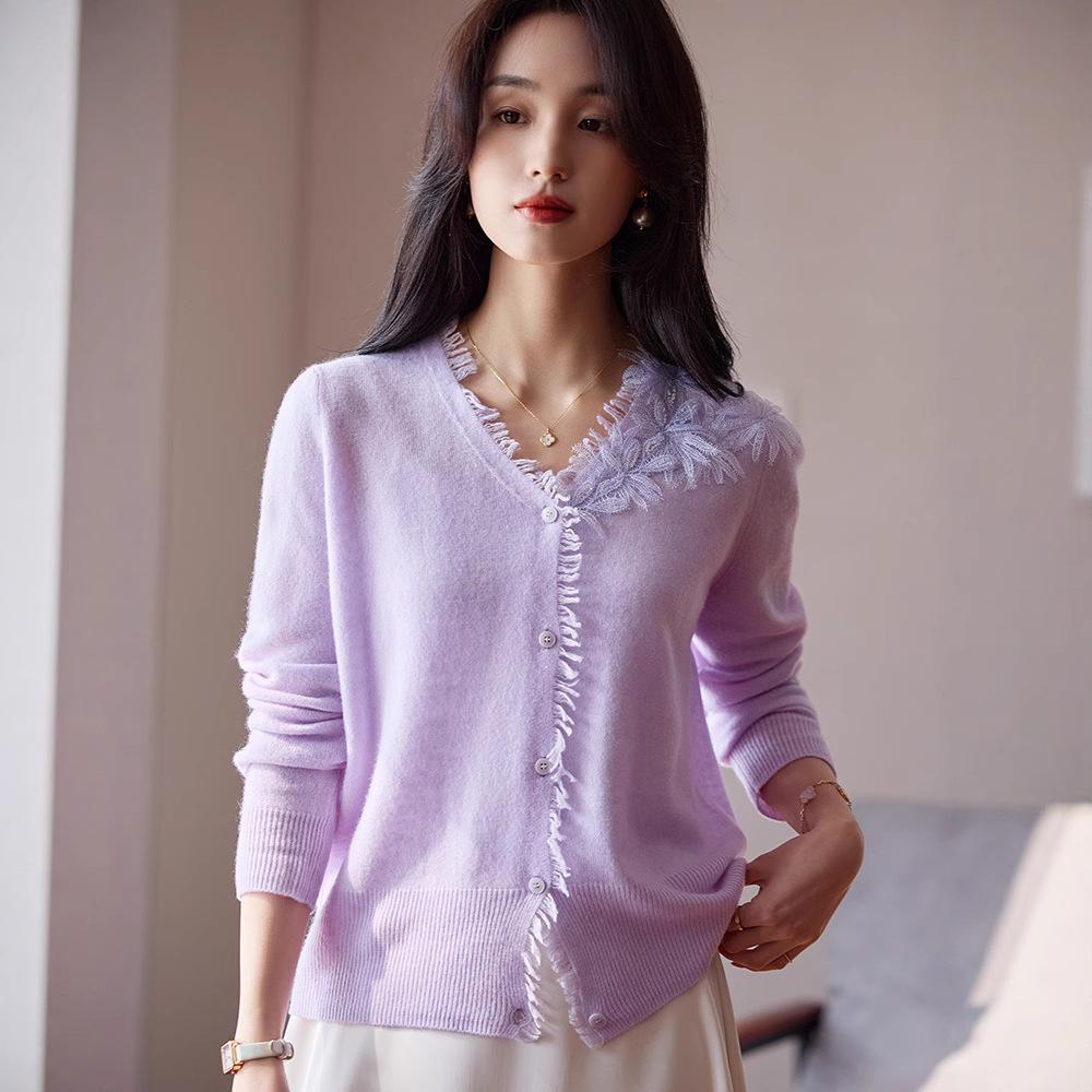 100 Wool Women'S Knitted Cardigan V-Neck Jacket Autumn And Winter New Handmade Crochet Classic Solid Color Versatile Model