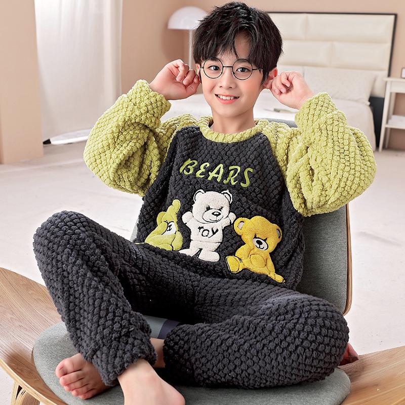 Фланелевая пижама с рисунком для мальчиков - длинный рукав, круглый вырез, коралловый флис, осень/зима