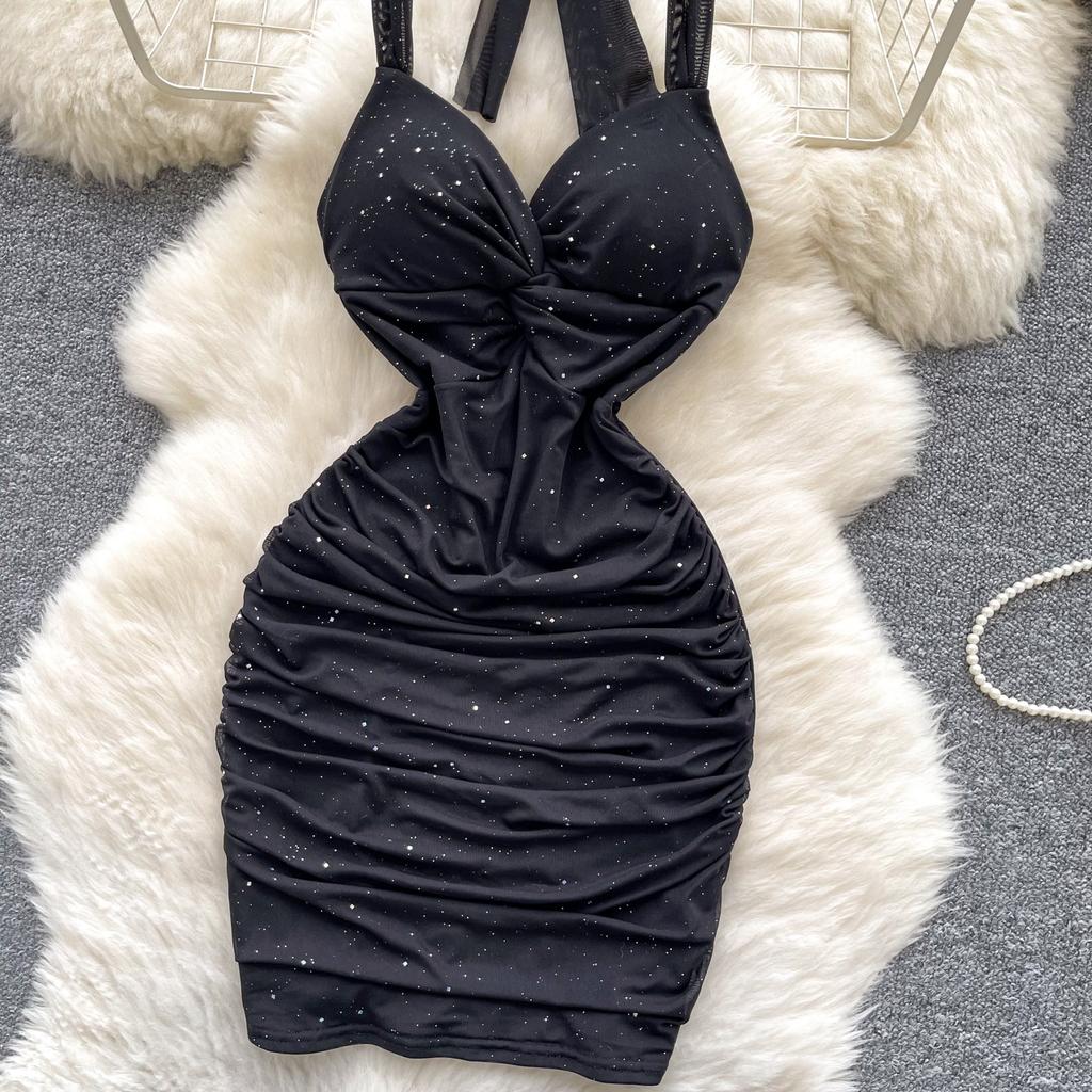 Летние женские сексуальные бретельки через шею с открытой спиной, блестящие, облегающие, мини-короткие, клубные платья для вечеринок