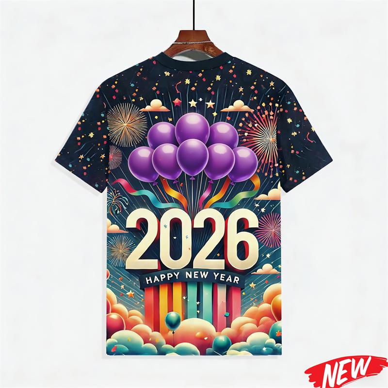 Men's T-shirt with colorful balloon and fireworks pattern, Happy 2026 New Year, short-sleeve holiday party family crew neck T-shirt