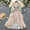 Весенние женские элегантные платья с V-образным вырезом и дизайнерским принтом, длинные макси-платья со шнуровкой и оборками, праздничные платья для вечеринок