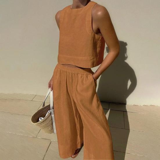 Женский летний комплект из 2 предметов: жилет без рукавов с круглым вырезом, эластичные длинные брюки с высокой талией, однотонный тонкий повседневный комплект