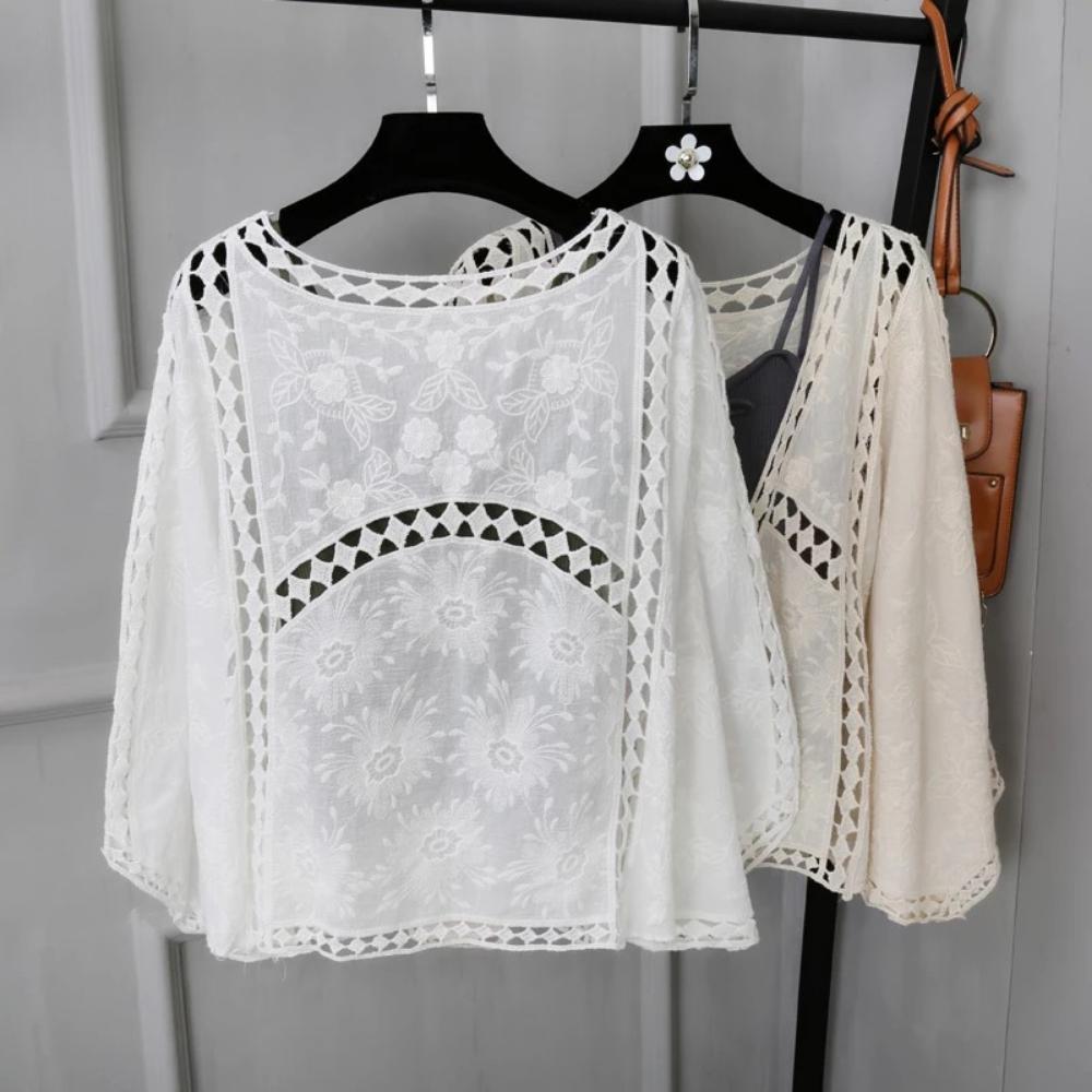 Loose Fit Cotton Embroidery Lace Cardigan Short Bat Sleeve Shawl 7 Split Sleeve Air Conditioner Sunscreen Cover Female Spring and Summer Clothes