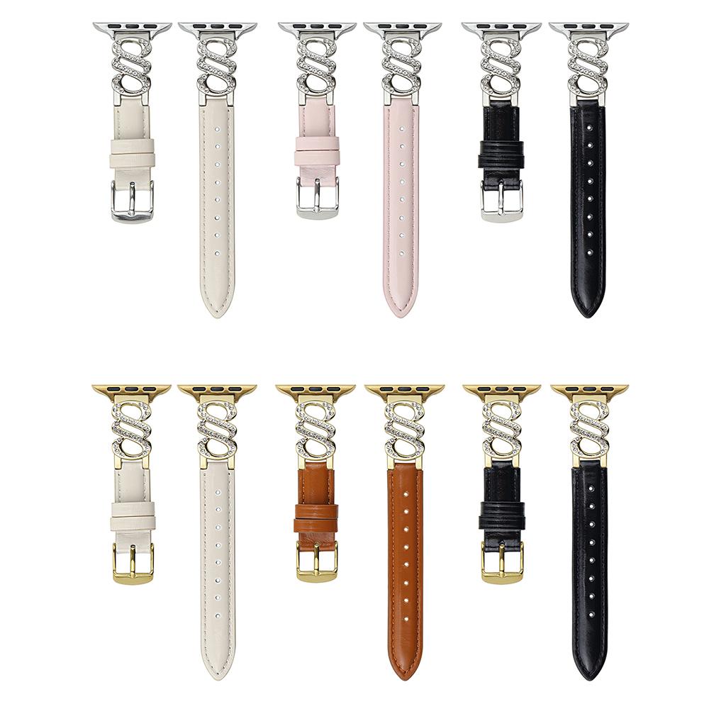 Ремешок для Apple Watch Series 10 Ultra 9 8 7 SE 6 5 4 3 2 1 46мм 49мм 45мм 44мм 42мм Кожаный ремешок S-образной формы с украшением из страз