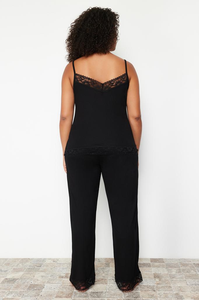 Women's Fashion New Plus Big Size Pajama Set Black Lace Detailed Knitted Pajama Set