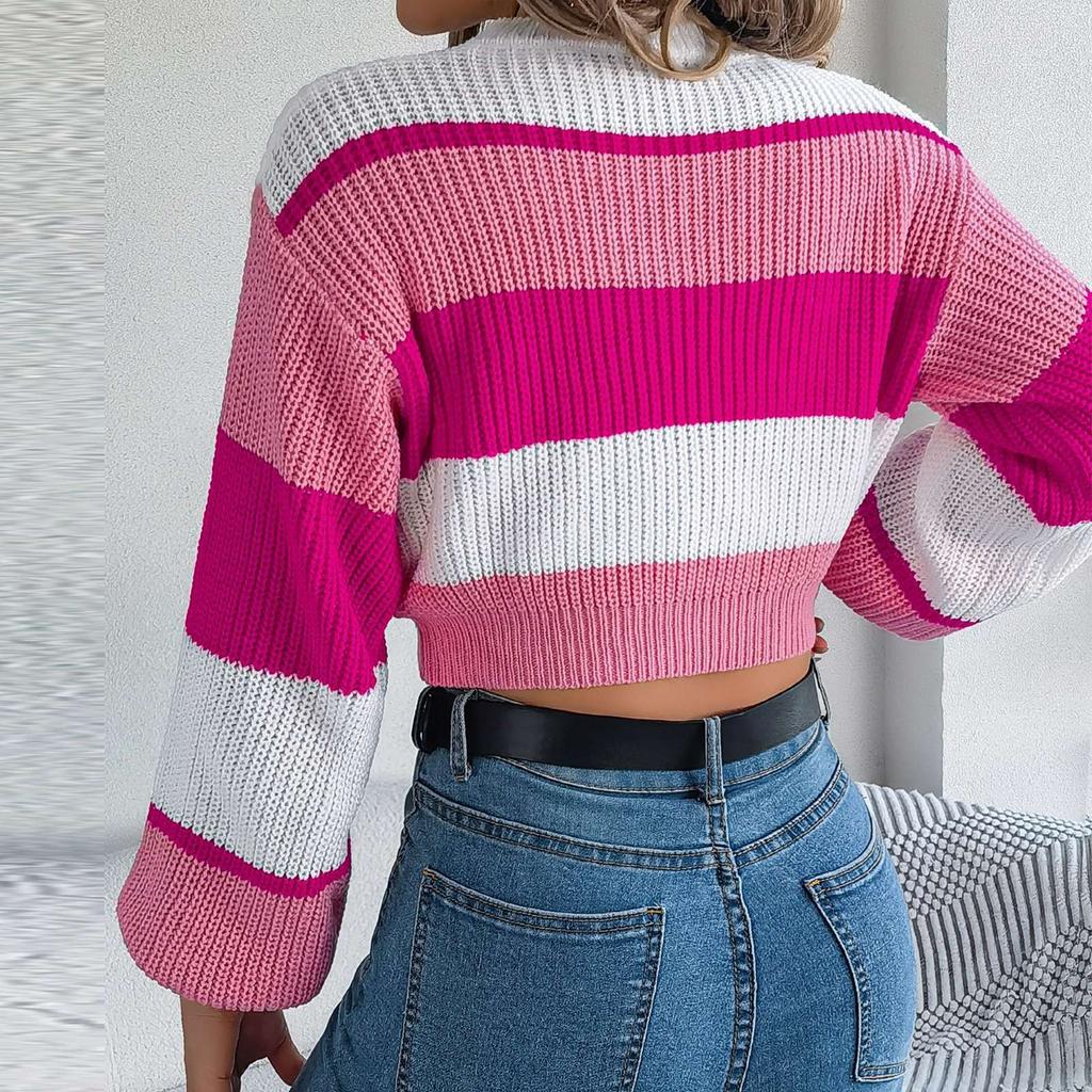 Women's Fashion Casual Loose Colorblock Striped Round Neck Sweater Long Sleeve Pullover Top