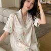 Faux Silk Women's Flower Pajamas Set Button Down Top & Shorts 2 Pieces Set Satin Nightwear Loungewear for Summer Sleepwear