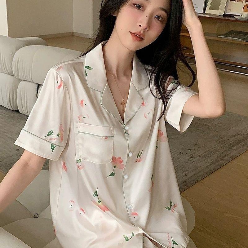 Faux Silk Women's Flower Pajamas Set Button Down Top & Shorts 2 Pieces Set Satin Nightwear Loungewear for Summer Sleepwear