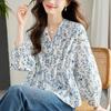 New Spring Pure Cotton Long-sleeved Shirt with Unique Chinese Style Blue and White Porcelain Shirt for Women