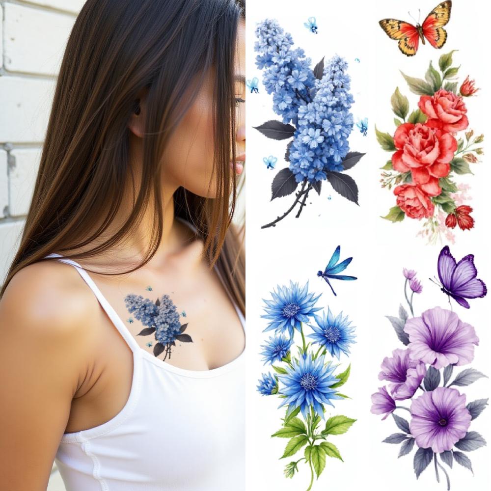 9Pcs Flower Temporary Tattoo Stickers For Women Body Art Fake Tattoo Sexy Rose Butterfly Peony Little Daisy Waterproof Tattoos