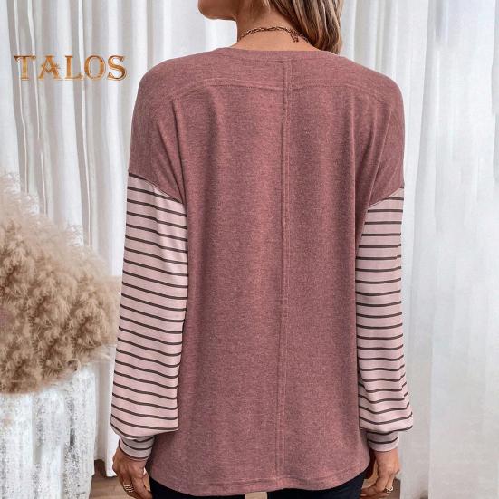 Женская футболка с круглым вырезом и длинным рукавом в полоску контрастного цвета свободного кроя, эластичная дышащая футболка-пуловер