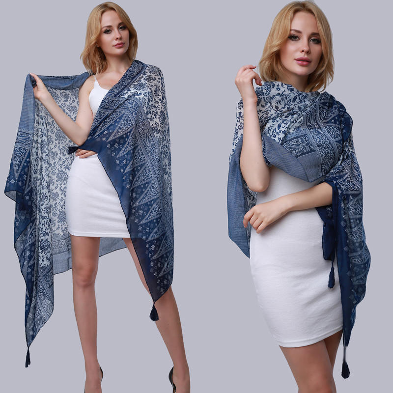 Pashmina Scarf Women Long Shawl Printed Sexy Beach Cover Up Female Navy Blue Printed Scarves