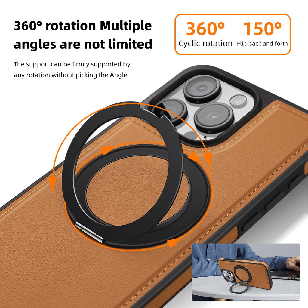 For iPhone 15 Pro Case with Ring Kickstand Compatible with MagSafe PU Leather Back Cover