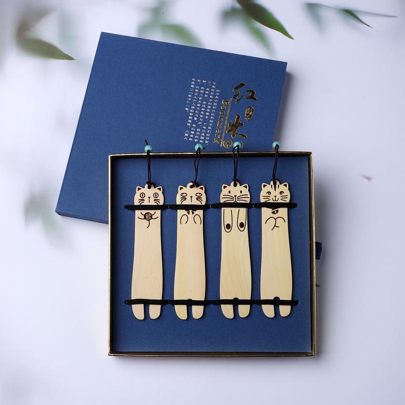 Retro Solid Wood Cat Bookmark Gift Box - Exquisite Literary Cartoon Design