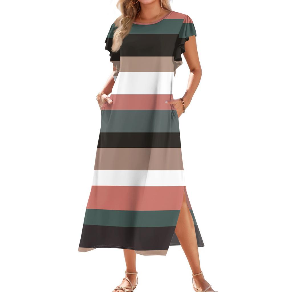 Женское модное летнее повседневное пляжное платье с плиссированными рукавами, свободными полосатыми короткими рукавами, круглыми завязками и карманами