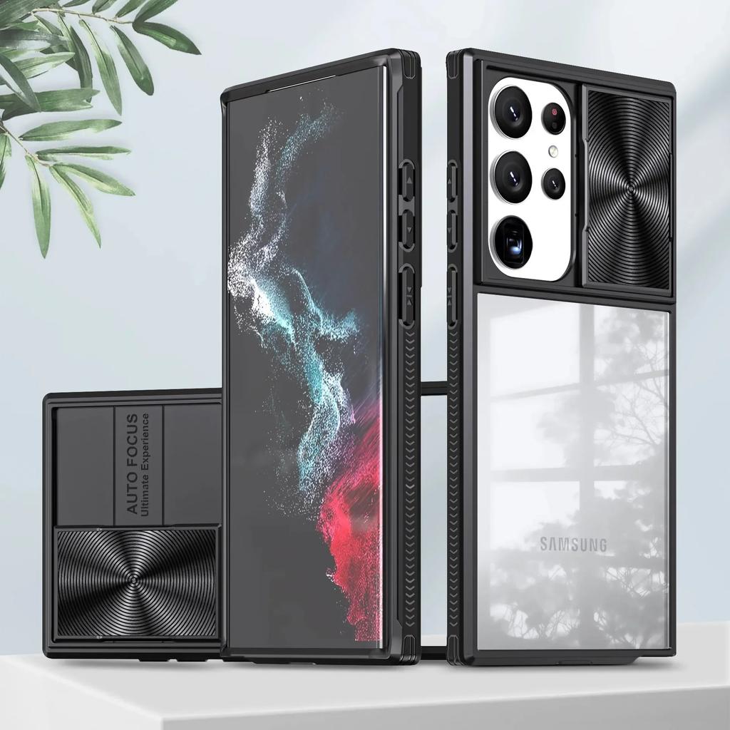 Прозрачный чехол с защитой объектива камеры-слайдера для Samsung Galaxy S25 S24 S23 S22 Ultra Plus S24FE S23FE A55 A15 Противоударный чехол