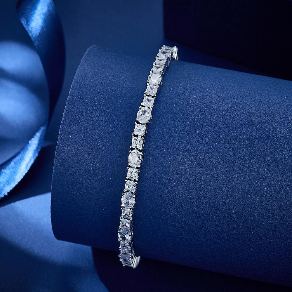 Элегантный сверкающий дизайн, посеребренный теннисный браслет с овальными квадратными белыми циркониевыми камнями