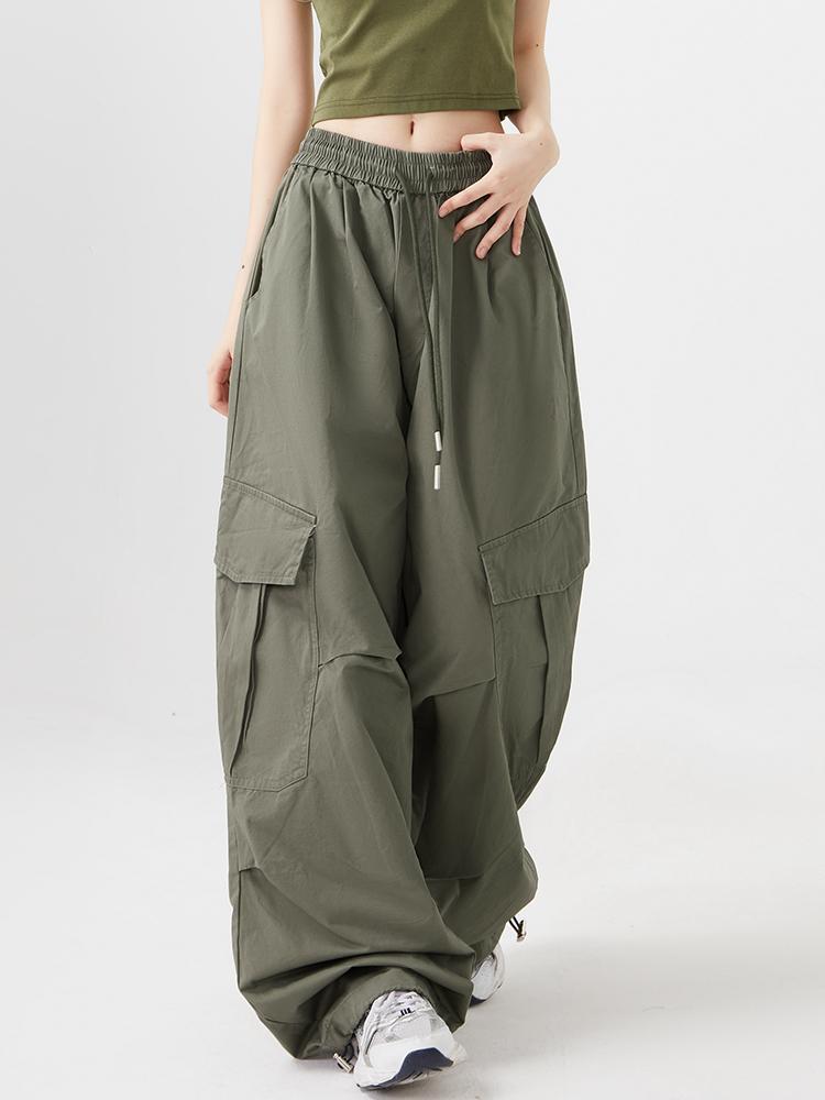 Women Big Pockets Cargo Pants Y2k High Elastic Waist Drawstring Baggy Trousers Vintage Casual Loose Wide Leg Straight Pants